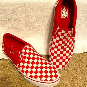 red and white checkered slip on vans